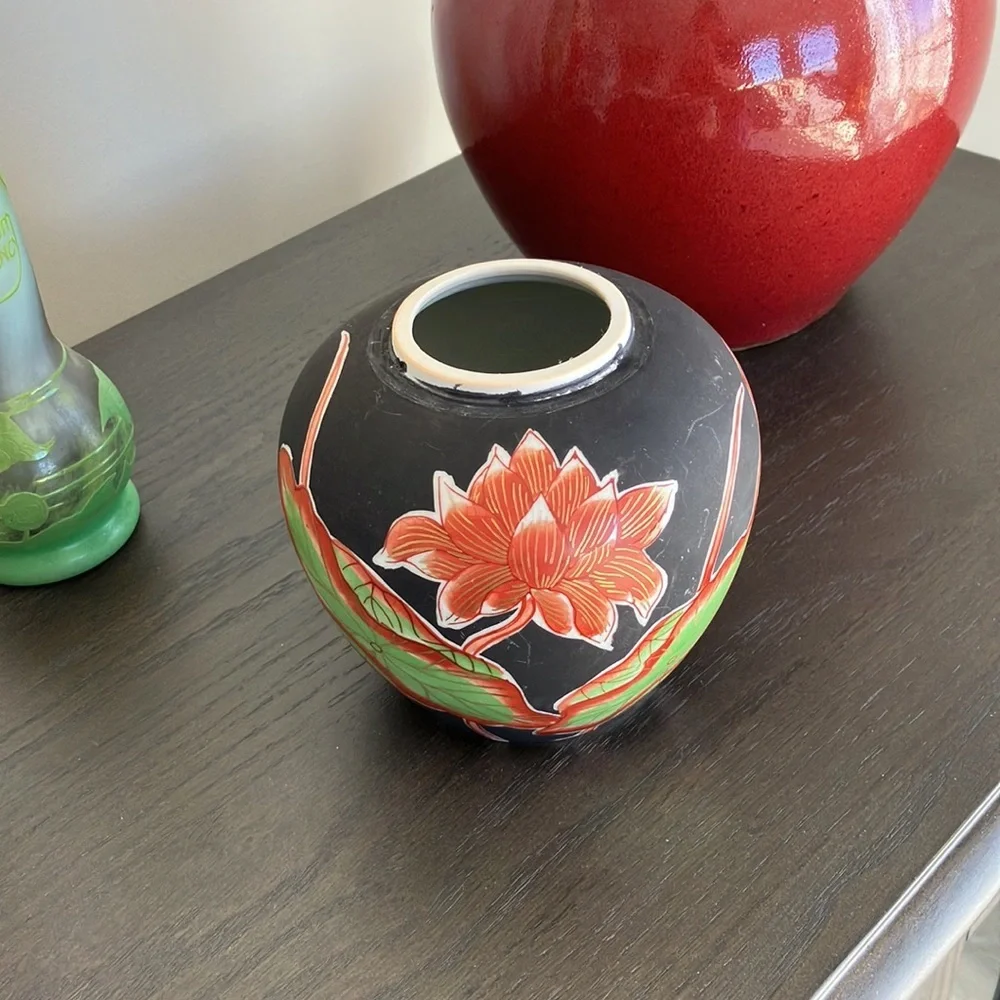 Vintage Japanese Black Ceramic Vase Red Lotus Flowers Hand Painted Japan